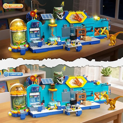 HOGOKIDS 2-in-1 Dinosaur Research Institute Building Set with Light - 837PCS Dino World Building Blocks Toys with 2 Dinosaur Figures, Dinosaur Playset Birthday Xmas Gifts for Boys Girls Age 8-14 Years