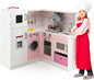 HONEY JOY Pink Corner Kids Kitchen Playset, Wooden Play Kitchen for Toddlers, Washing Machine, Range Hood, Water Dispenser, Cookware, Apron, Little Chef Pretend Toy Kitchen Set w/Lights & Sounds