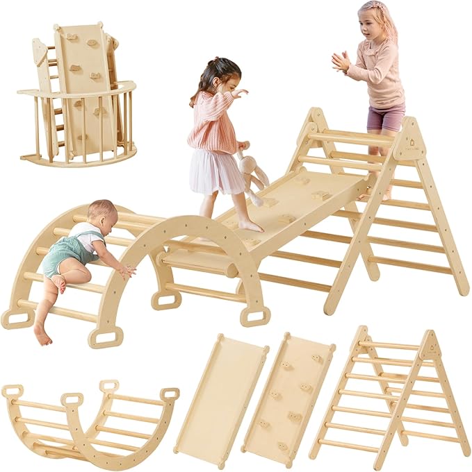 Tiny Land Pikler Triangle Set, 7-in-1 Foldable Pikler Triangle Climbing Toys Set for Kids,Baby Indoor Playground Jungle Gym, Wooden Montessori Climbing Set for Toddler (Natural,Large)