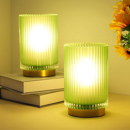 Battery Operated Lamp, Cordless Table Lamp with Timer, Desk Bedside Lamps with LED Warm Light, Glass Small Table Lamp for Bedroom, Bathroom, Living Room, Home Decor - Matte Green