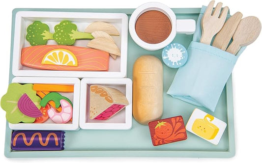 Tender Leaf Toys - Airline Meal Tray - Wood Pretend Play Food Set for Imaginary Travel - Includes 3-Course Plane Meal, Accessories and Passport - Encourages Imaginative Play, Language Skills - Age 3+