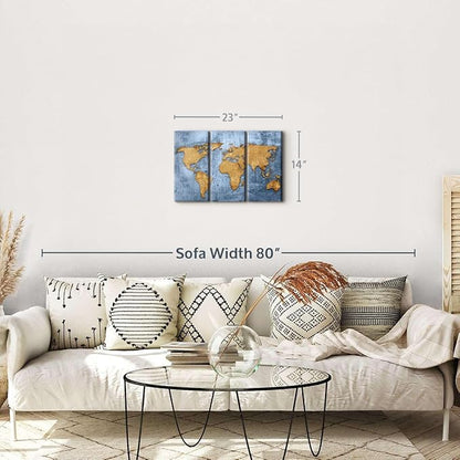 ElephantStock Azure World Map Wall Art Multi Piece Canvas - 3 Panel Wall Decor - Map of the World Art - Canvas for the Office and Home - 23" X 14"