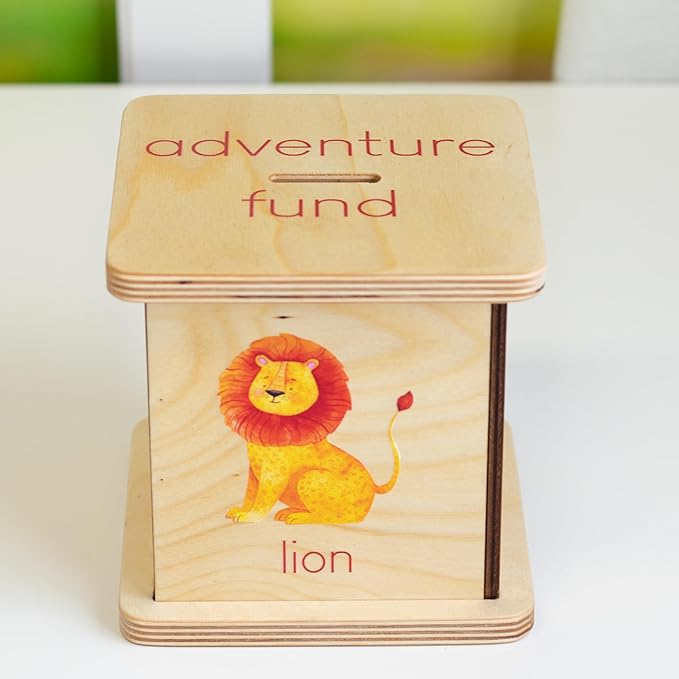 Wooden Piggy Bank for Kids and Adults, Personalized Gift Handmade in USA by BloomOwl, Custom Piggy Bank, Personalized Banks for Kids, Gifts for Baby Boys and Girls (Safari)
