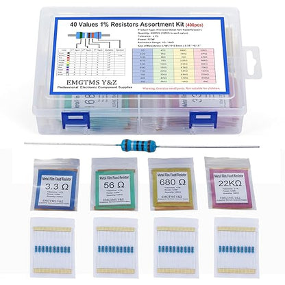 40 Values 400 Pcs 1/2W Resistor Kit 1Ω-1MΩ ±1% Metal Film Resistors Assortment for Electronics Projects and DIY Experiments
