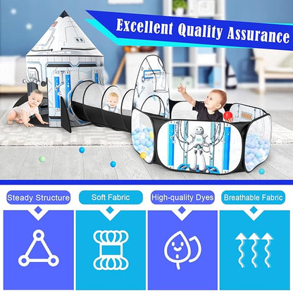 3pc Kids Play Tent for Girls with Ball Pit, Crawl Tunnel, Princess Tents for Toddlers, Baby Space World Playhouse Toys (3PC White Rocket Play Tent)