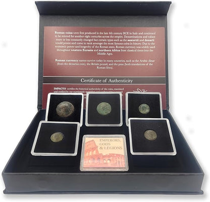 IMPACTO COLECCIONABLES Collector's Edition Box of Certified Authentic Roman Coins – 5 Encapsulated Coins of Emperors, Legions, and Gods: The History of The Empire in Your Hands