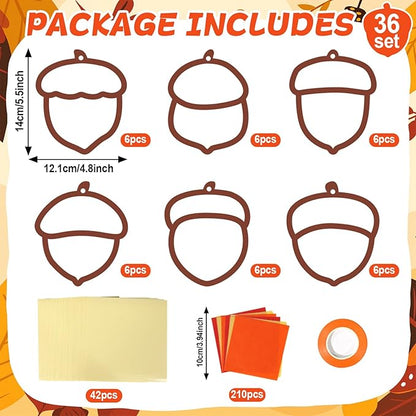 Qyeahkj 36 Set Fall Acorn Suncatchers Crafts for Kids DIY Autumn Window Tissue Paper Craft Kit Hanging Decor for Thinkgiving Home Activity Art Project Birthday Party Favor Gift