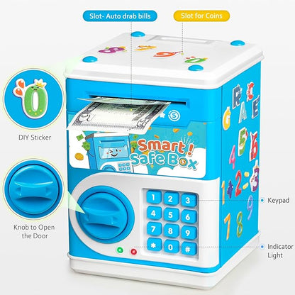 ATM Piggy Bank for Boys Girls, Vcertcpl Mini ATM Coin Bank Money Saving Box with Password Code, Kids Safe Money Jar for Real Money with Auto Grab Bill Slot, Great Gift Toy Bank for Kids (Blue)
