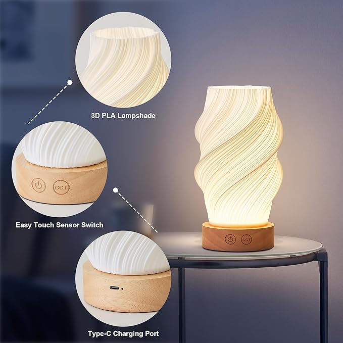 Cordless LED Table Lamp, Battery Operated Portable Desk Lamp, 3 Color & Dimmable, Modern Rechargeable Table Light for Living Room,Bedroom,Bedside, White, 8.6inch