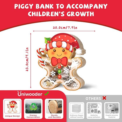 Wooden Christmas Piggy Bank for Kids, Gingerbread Man Money Bank for Boys Girls Toddler, Unbreakable Kids Money Box with Letter Sticker, Large Saving Coin Jar for Xmas Home Christmas Décor