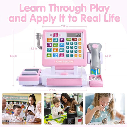 PLAY Kids Cash Register Toy - Pretend Play Calculator Register Toys with Microphone/Conveyors/Play Money/Scanner/Credit Card/Cans/Drink, 3+ Toddler Develops Early Math Skills Learning Toys