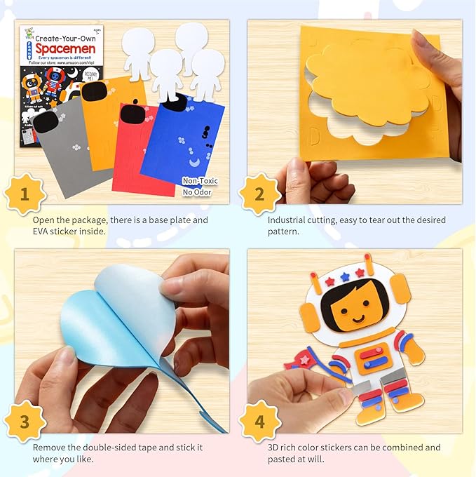 VKPI 4 Pieces EVA Foam Art Crafts Gift Kit, Creative Make Your Own Spacemen, Cartoon Foam Paper Craft Projects for Kids Ages 4+ Toddler, Preschool Learning Toy for Birthday Party Favor Supplies