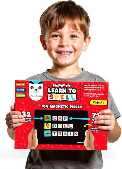 Magnetic Preschool learning Toys for Toddlers Aged 3 4 5 6 Years Old Learn to Spell Objects|104 Magnet Pieces-32 Picture & 72 Letters with Magnet Board & Spelling Game Guide|Educational Toy for Kids