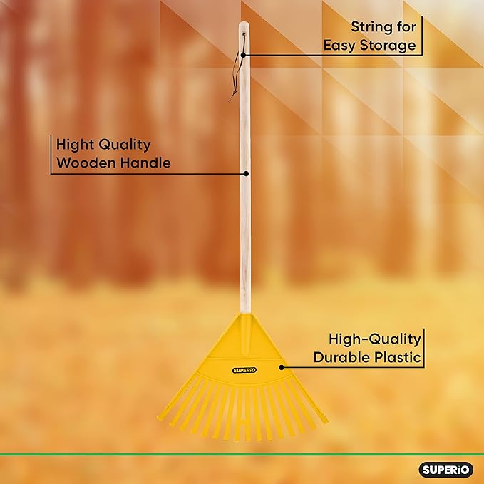 Pack of 2 Kids Rake with Hardwood Handle, Durable Plastic Head to Sweep Leaves in Lawn and Tidying Up The Garden, 34" (Yellow)