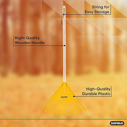 Pack of 2 Kids Rake with Hardwood Handle, Durable Plastic Head to Sweep Leaves in Lawn and Tidying Up The Garden, 34" (Yellow)