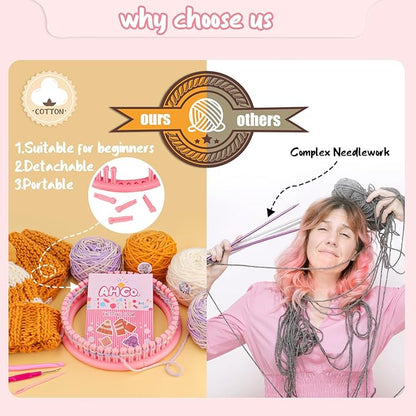 AHCo. Knitting Loom Kit for Beginners, Creative Craft Toy for Girls Ages 7 8 9 10 11 12 with Storage Bags Yarns Knitting Tools, Fantastic DIY Gifts Knit Hat Scarf Coaster (Pink)
