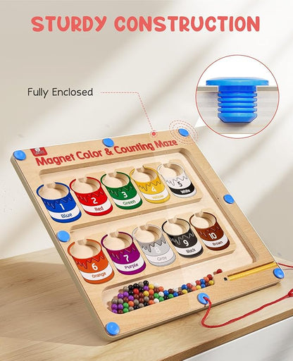GAMENOTE Magnetic Color and Number Maze - Educational Fine Motor Skills Toys for Boys Girls 3 4 5 Years Old, Wooden Color Matching Learning Counting Toddler