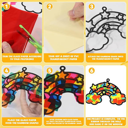 QOUBAI 32 Sets Rainbow Suncatchers Craft Kit DIY Window Stained Glass Effect Planet Rainbow Sun Paper Crafts Home School Classroom Decoration Kid Birthday Gift Creative Art Project Activity Game