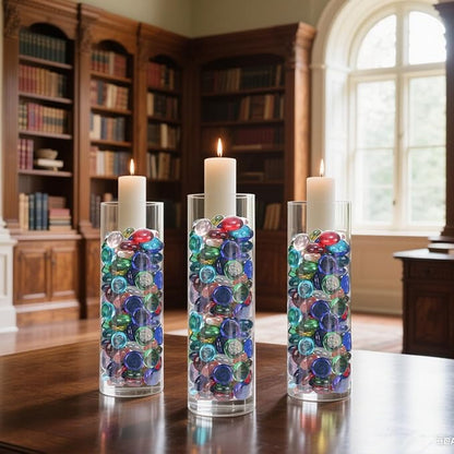 FUTUREPLUSX 5 Lb Flat Glass Marbles, 500 PCS Assorted Colors Flat Gems Aquarium Pebbles Vase Filler Table Scatter Decor, Red, Green, Blue, Yellow, Transparent