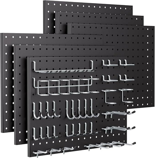 INCLY 90PCS Pegboard Wall Organizer, 6 Pack Metal Peg Board Panels with 1/4" Pegboard Hooks Accessories Kit, Black Peg Board for Walls Home, Garage Tool Storage, Workbench Organization