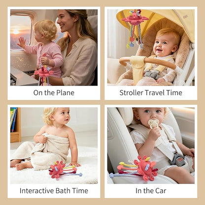 Silicone Baby Sensory Montessori Toys & Pull String Teething Toys for 6-12-18 Months, Toddler Birthday Gift Car Seat Airplane Travel Toy for 1 2 Year Old Boy Girl Infant 8 9 10 Months Old (Red)
