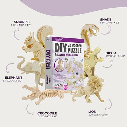 Hands Craft DIY 3D Wooden Puzzle – 6 Assorted Wild Animals Bundle Pack Set Brain Teaser Puzzles Educational STEM Toy Adults and Kids to Build Safe and Non-Toxic Easy Punch Out Premium Wood JP2B8