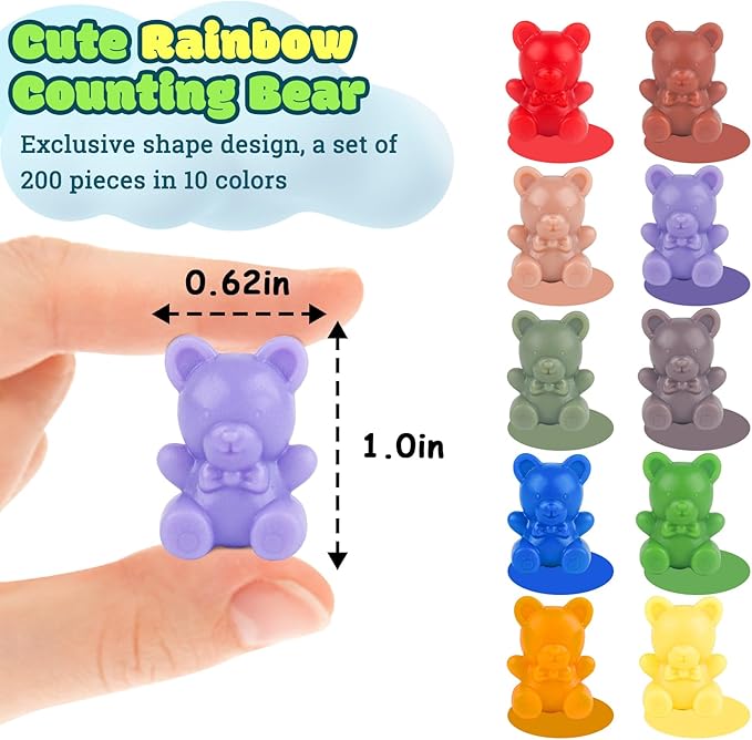XINHUIDALSQ Rainbow Counting Bears Set of 200, 10 Colors Sorting Teddy Plastic Bears Math Manipulatives for Toddlers, 1 Inch Bear Conters Ages 3+ Kids