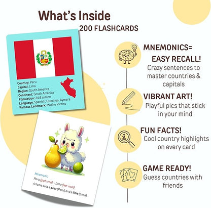 200 Geography Flash Cards for Kids & Adults | Learn Countries & Capitals with Fun Memory Tricks, Games & Illustrations | Includes Country Flags & Fun Facts