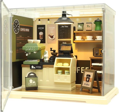 Coffee Shop Tiny House with LED Light Make It Miniature, DIY Miniature House Kit for Adults, Teens, and Beginners, Mini Dollhouse Kit with Home Decor Furniture, Gift for Friends and Hobbies