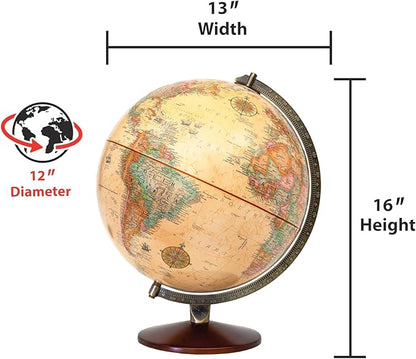 Replogle World Globe with Stand, 12 Inch diameter with 3-D Raised Relief Texture. Perfect for Children And Kid's Classroom and home Decor, Made In USA. (Presscraft Antique)