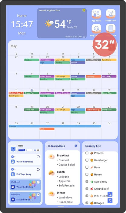 Cozyla Mate Digital Calendar+ 2: 32 Inch Wall Touch Screen Chore Chart Customize Dashboard Smart Electronic Calendar for Family Schedules Meal Planner Supports All Google Play Apps Wall Mount Black