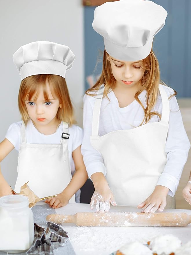8 Set Kids Apron and Chef Hat Set Kids Apron with 2 Pockets Adjustable for Boys Girl's Cooking Baking Painting