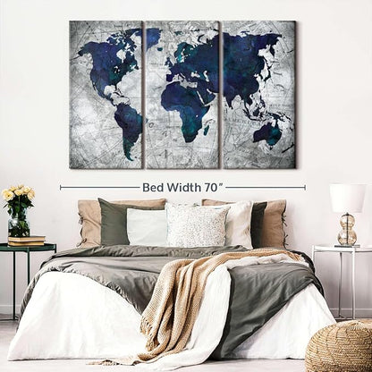 ElephantStock Deep Blue World Map Multi Piece Canvas - 3 Panel Wall Decor - Map of the World Art - Canvas for the Office and Home - 65" X 42"
