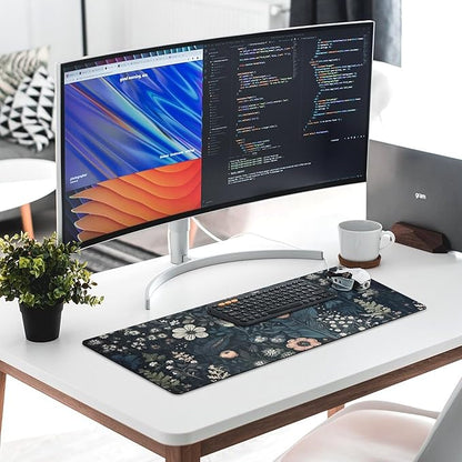 Dark Flower, Floral Plants Mouse Pad, Aesthetic Wildflowers Desk Pad, Gaming Mouse Pad, Non-Slip Rubber Base, Stitched Edges，31.5x11.8 inch Computer Mouse Mat Keyboard for Home Office