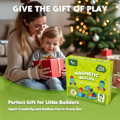 Magnetic Building Blocks, Large Magnetic Blocks for Kids Ages 1-3, 3D Geometric Shapes Stacking Blocks Set, Montessori Sensory Toys for Toddlers, Boys & Girls (12pcs)