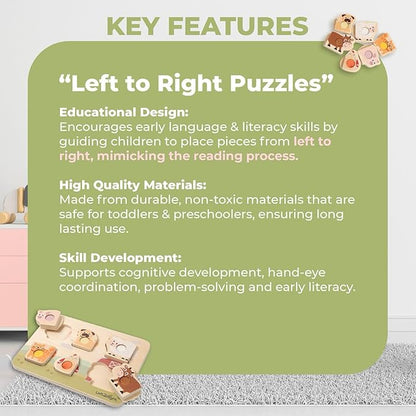 LEFT2RIGHT Wooden Puzzles for Toddlers 2-4 | Montessori Toys for 1-4 Year Olds | Educational Farm Edition Puzzle for Motor Skills & Sensory Learning | Wooden Toddler Puzzles Ages 1-3 Farm Edition