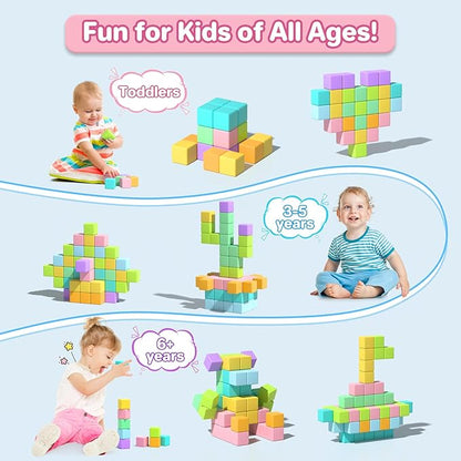 1.34 inch 56PCS Magnetic Blocks for Toddlers 4-8 Large Macaron Magnet Building Cubes for Kids Ages 3-5 Stem Preschool Stack Construction Educational Toys for 3+ Years Old Boys Girls