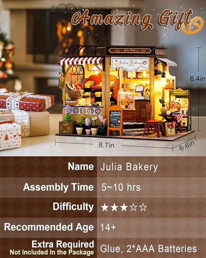 Miniature House Kit Julia Bakery, DIY Dollhouse Kit for Adults with Furniture & LED, Tiny House Kit Wooden Craft Gift for Adults Women Teens