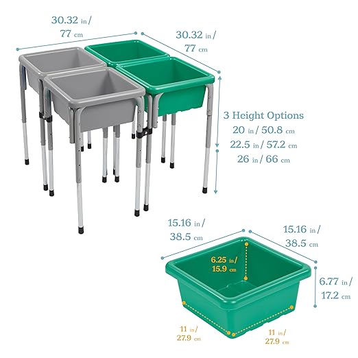 ECR4Kids 4-Station Sand and Water Adjustable Play Table, Sensory Bins, Grey/Emerald