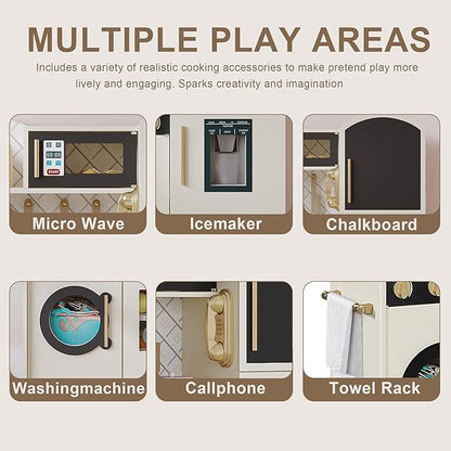 Treocho Play Kitchen for Kids, Wooden Toddler Kitchen Set with Storage, Modern Design Toy Kitchen with Faucet&Sink, Stove, Chalkboard, Icemaker and Various Accessories for Kids Ages 3+, Cream