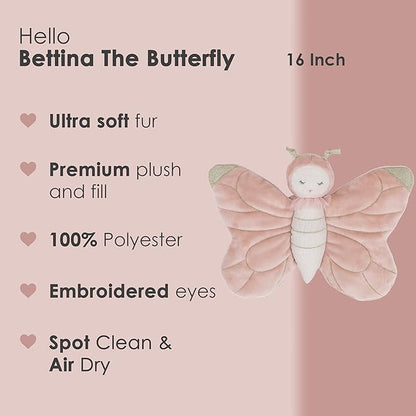 MON AMI Bettina The Butterfly Stuffed Animal – 16” Pink, Plush Bug Toy for Kids, Plush Animals for Birthday Nursery Décor