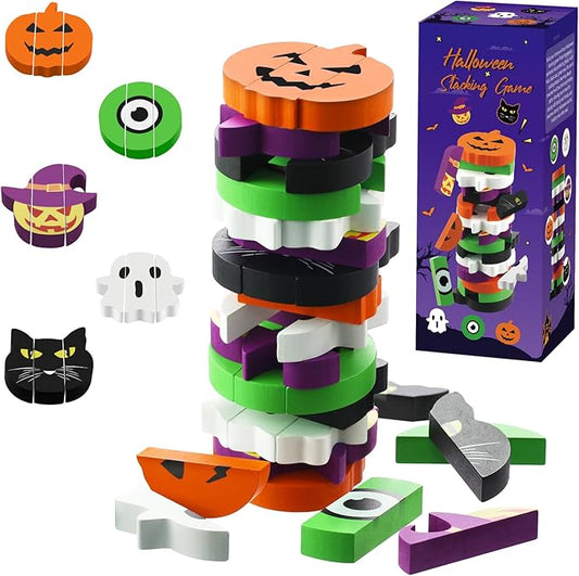 Halloween-Themed Wooden Block Stacking, The Joy of Family and Party, Halloween Party Gothic-Style Birthday Gifts (Pumpkin)