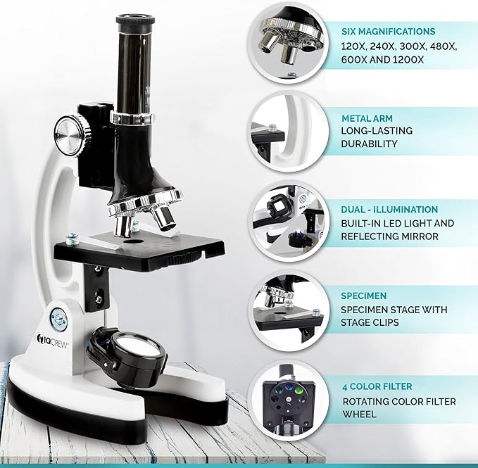 AMSCOPE-Kids 120X-1200X White Metal Arm Starter Kids Student Microscope Kit and Compact Refractor Telescope with Tripod - M30-ABS-KT2-W-TKVB1