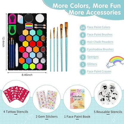 Face Painting Kit for Kids 24 Colors Water-Based Non-Toxic Face Paint Palette With Brushes&Stencils, Hair Chalk, Gems, Glitters, Crayon, Halloween Makeup Kit for Parties, Cosplay, Face Body Art