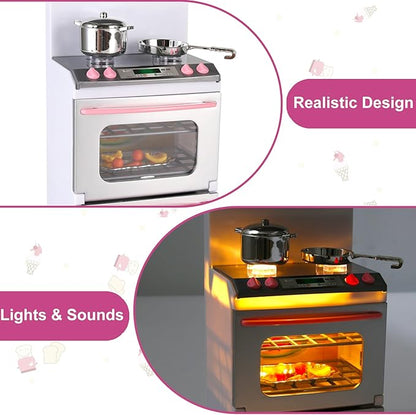 Doll Kitchen Playset for Kids, My Modern Mini Kitchen House Furniture Pretend Play Toy Accessories Set with Realistic Lights & Sounds for Toddlers, Girls (4-in-1)