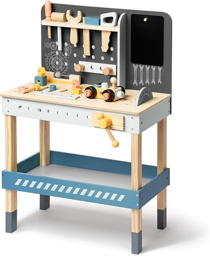 ROBOTIME Kids Tool Bench, Wooden Toy Tool Bench with Realistic Tools and Electric Drill, Kids Workbench for Kids Pretend Play Learning, Toddler Tool Bench Gift for Boys & Girls Age 3-5 (Blue)