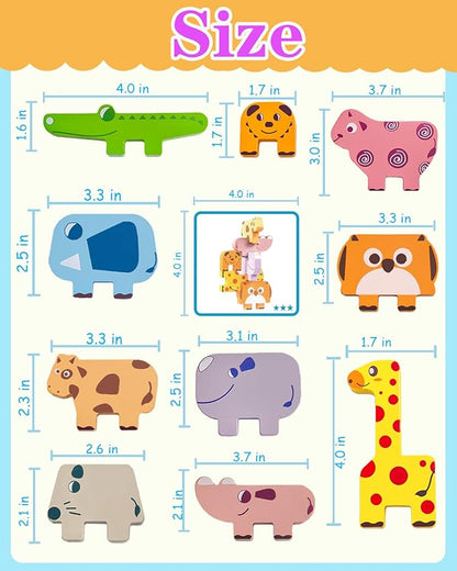 Montessori Toys for 1 2 3 4 Year Old Boys Girls, Toddler Toys Age 2-4, 10 Pack Wooden Animal Blocks Sorting & Stacking Education Toddler Puzzles Toy,1 2 3 4 Year Old Girl Boy Birthday Gifts
