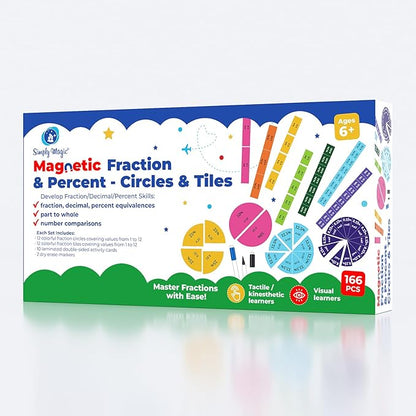 178 PSC Magnetic Fraction Tiles & Fraction Circles with Decimals & Percentages, Fraction Strips, Bars, Fraction Magnets, Fraction Manipulatives Class Set Kit, Fractions for Kids Math - Simply Magic