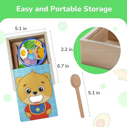 Bimi Boo Wooden Feeding Toy - Montessori Scooping Toy for Toddlers 1-4+ - Fine Motor Skills Pretend Play Food Set for Kids (27 Various Foods, a Spoon, Bowl)