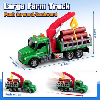 Kids Toys for 3 4 5 6 Year Old Boys,Farm Logging Truck Toy with Loading Crane and 6 Trunks, Lights&Sounds,Friction Powered Truck Kids Birthday Gifts for Boys Girls